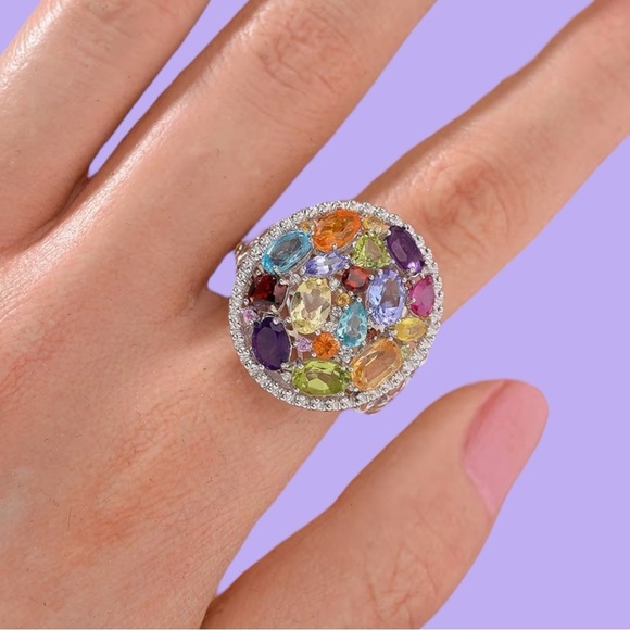 Sterling Silver Multi Gemstones Ring Cocktail Ring Size 10 - Picture 2 of 9